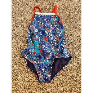 Bb9 Speedo Girls Star Print One Piece Swimsuit Size 12 Blue Red Teal